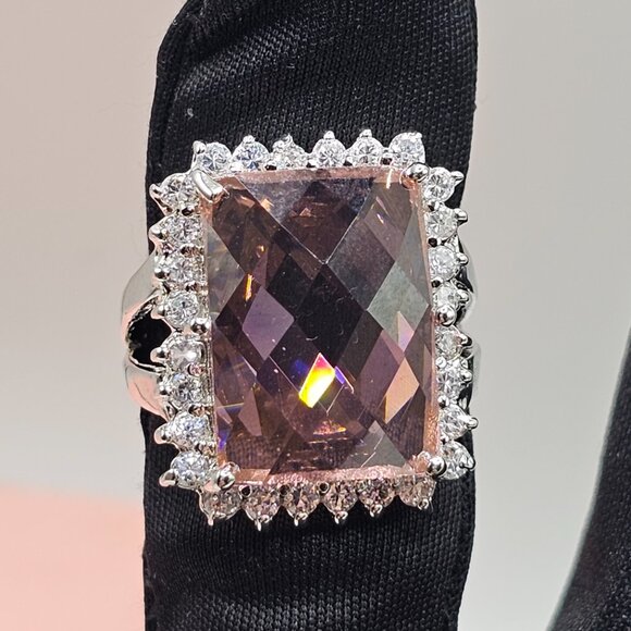 Sterling Silver 925 Rhodium Plated Large Pink CZ Cocktail Ring - Picture 10 of 12